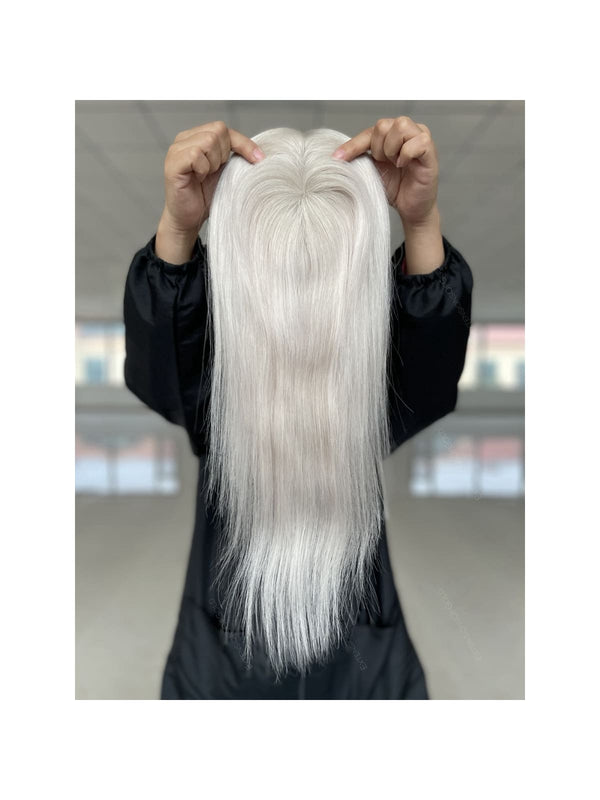 12-18inch Platinum Gray Full Mono 2.75" * 5.9" Mini Clip In Virgin Human Hair Topper - ULOFEY