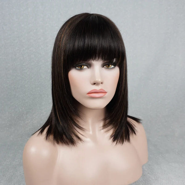 14inch Reddish Brown Highlights Glueless with Bangs Straight Breathable Cap Human Hair Wig - ULOFEY