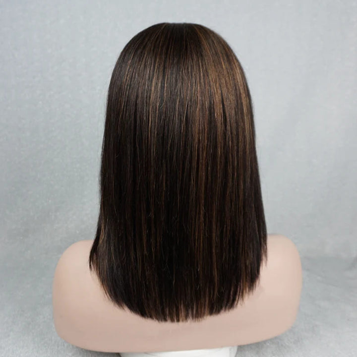 14inch Reddish Brown Highlights Glueless with Bangs Straight Breathable Cap Human Hair Wig - ULOFEY
