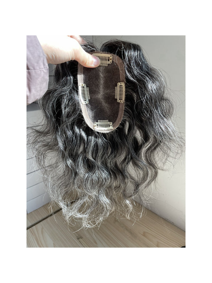 12-18inch Salt and pepper Full Mono 3x5" Clip In Virgin Human Hair Topper - ULOFEY