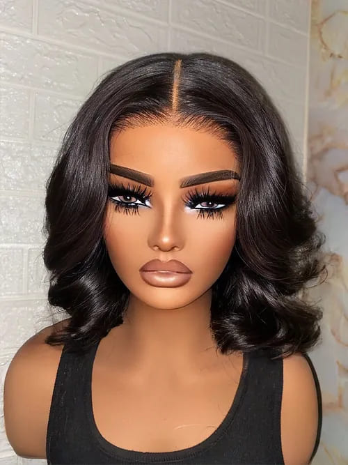 12inch Short Black Double Drawn Loose Baby Wave Glueless 5x5 Closure Human Hair Wig - ULOFEY