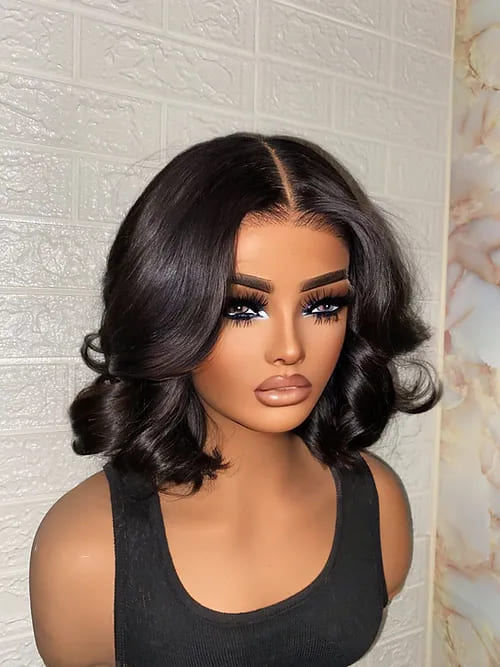 12inch Short Black Double Drawn Loose Baby Wave Glueless 5x5 Closure Human Hair Wig - ULOFEY