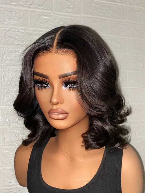 12inch Short Black Double Drawn Loose Baby Wave Glueless 5x5 Closure Human Hair Wig - ULOFEY