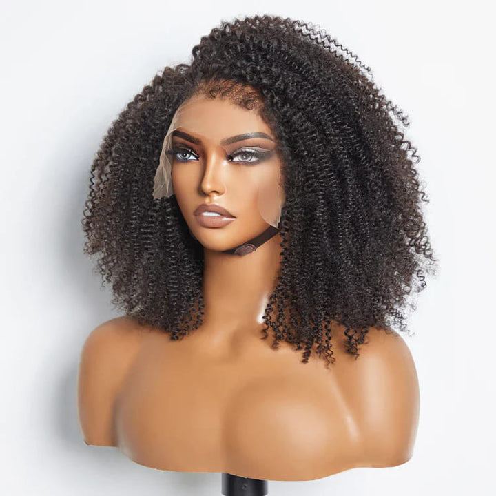 Short Black Kinky Curly 4C Edge Glueless 13*4 Front HD Lace Human Hair Wigs