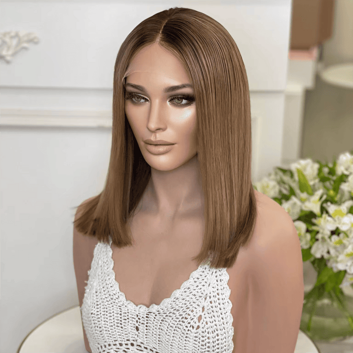 12-16inch Brunette Straight Hand-Tied HD Lace Front Virgin Human Hair Wigs - ULOFEY