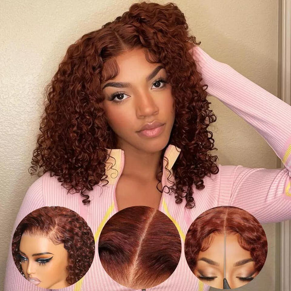 Short Reddish Brown Curly 13*4 Front HD Lace Human Hair Wigs