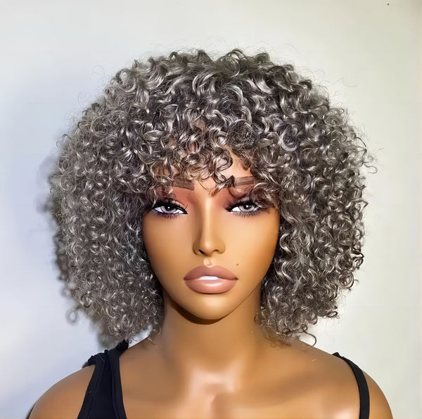 Short Silver Grey Afro Curly Water Wave With Bangs Non Lace Human Hair Wig