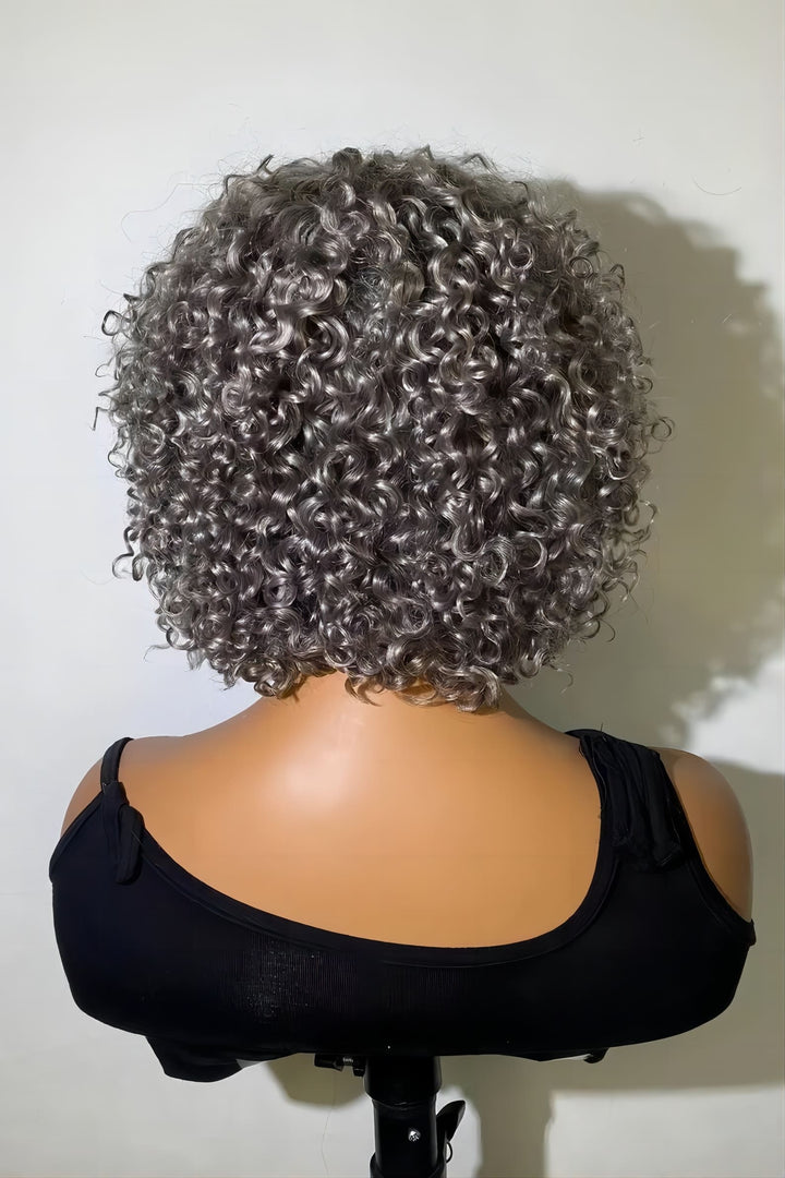 Short Silver Grey Afro Curly Water Wave With Bangs Non Lace Human Hair Wig