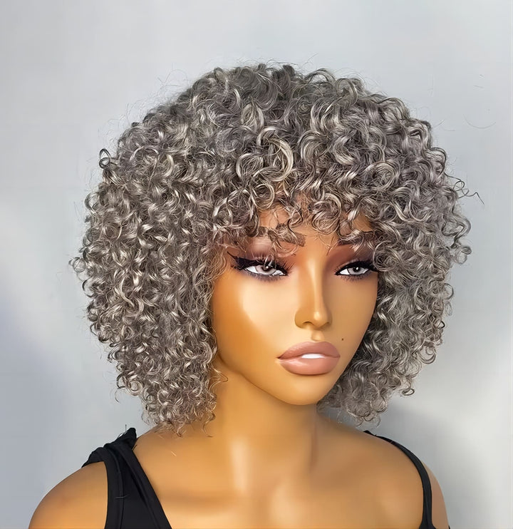 Short Silver Grey Afro Curly Water Wave With Bangs Non Lace Human Hair Wig