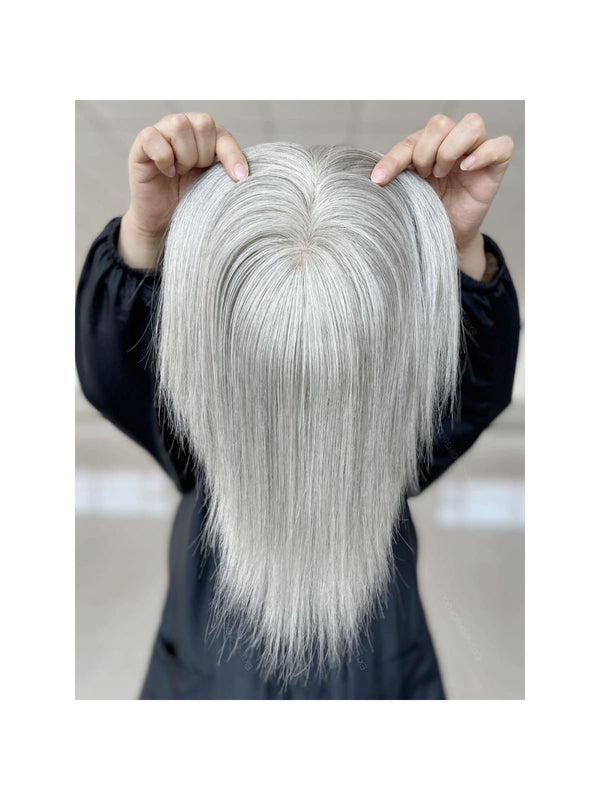 12-18inch Silver Gray Full Mono 5x6.5" Clip In Virgin Human Hair Topper - ULOFEY