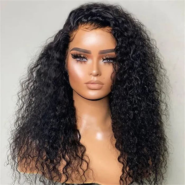 24inch Black Curly Water Wave Glueless 13*4 Front HD Lace Human Hair Wigs