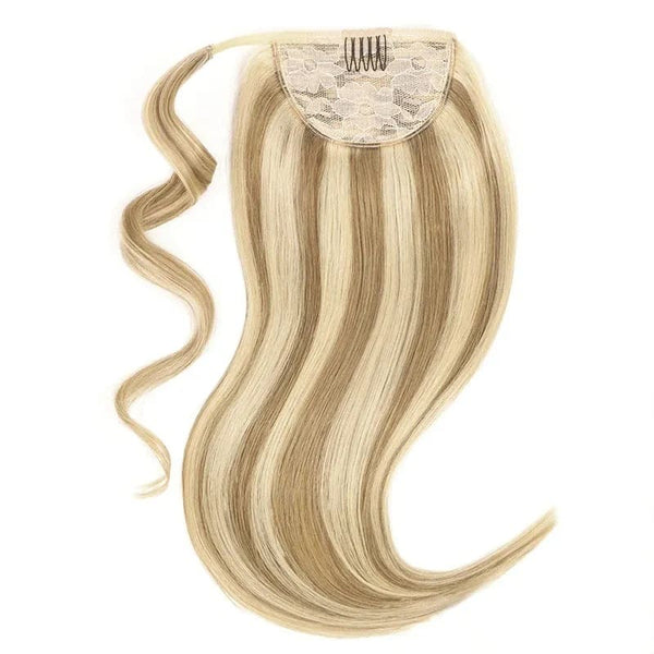12-28inch P4/613# Highlights Straight Wrap-around Clip On Remy Human Hair Ponytail Extensions