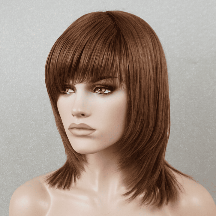 14inch Warm Brown Layered Cut Straight Glueless with Bangs Human Hair Wig - ULOFEY