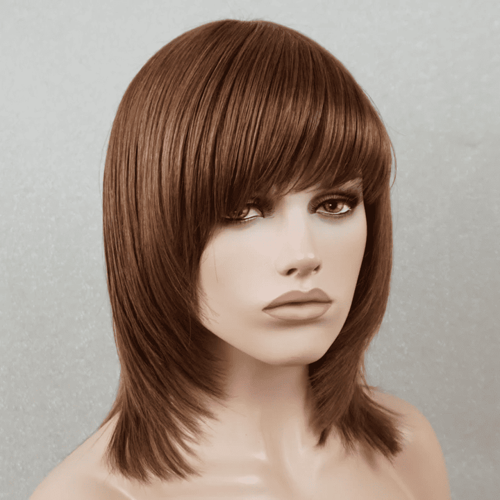 14inch Warm Brown Layered Cut Straight Glueless with Bangs Human Hair Wig - ULOFEY