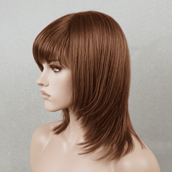 14inch Warm Brown Layered Cut Straight Glueless with Bangs Human Hair Wig - ULOFEY