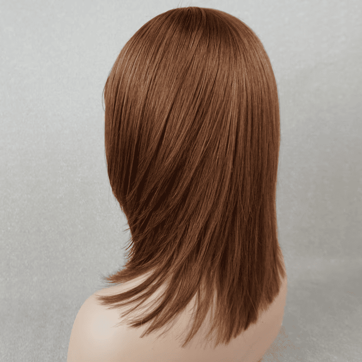 14inch Warm Brown Layered Cut Straight Glueless with Bangs Human Hair Wig - ULOFEY