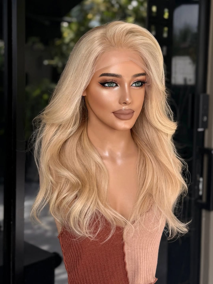 12-24inch Warm Tone Honey Blonde Diamond Liner Lace Frontal Human Hair Wigs - Ulofey Wigs
