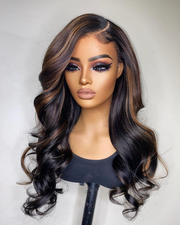 16-24 inch Highlight Brown Color Body Wave Pre Plucked Hairline With Bangs Silk Top Human Hair Lace Wigs