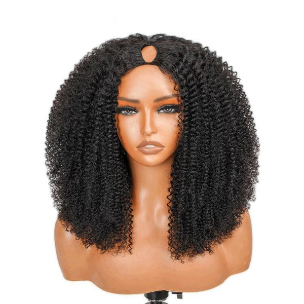 12-30inch Black Color Afro Kinky Curly Glueless V Part Human Hair Wigs