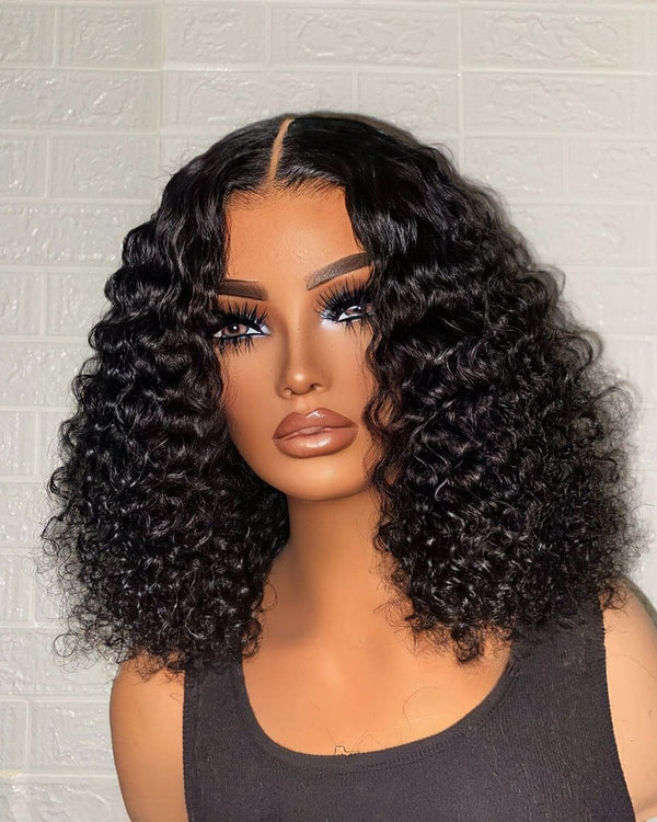 16-28inch Black Bleached Knots Glueless Kinky Curly Transparent Lace 6x5 Closure Human Hair Wig