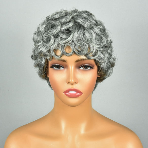 8inch Grandma's Grey Short Pixie Cut Layered Wave With Bangs Non Lace Human Hair Wig