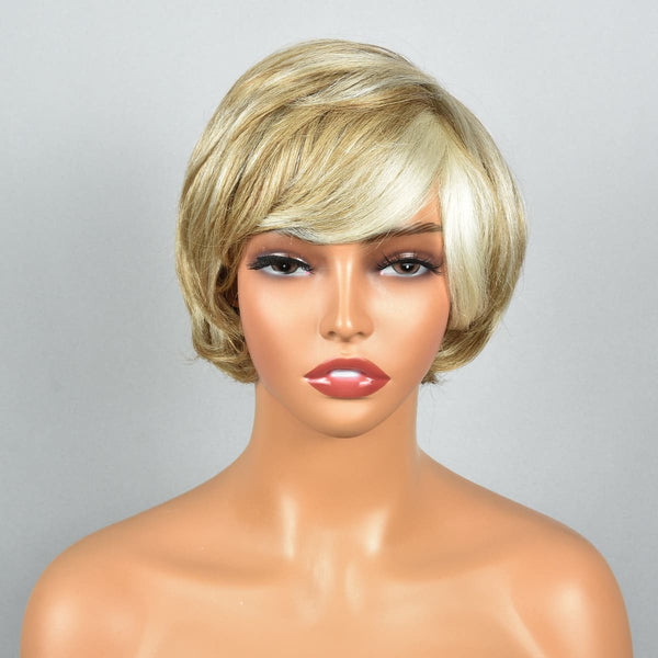 8inch Ombre Brown Blonde Short Pixie Cut With Bangs Non Lace Human Hair Wig