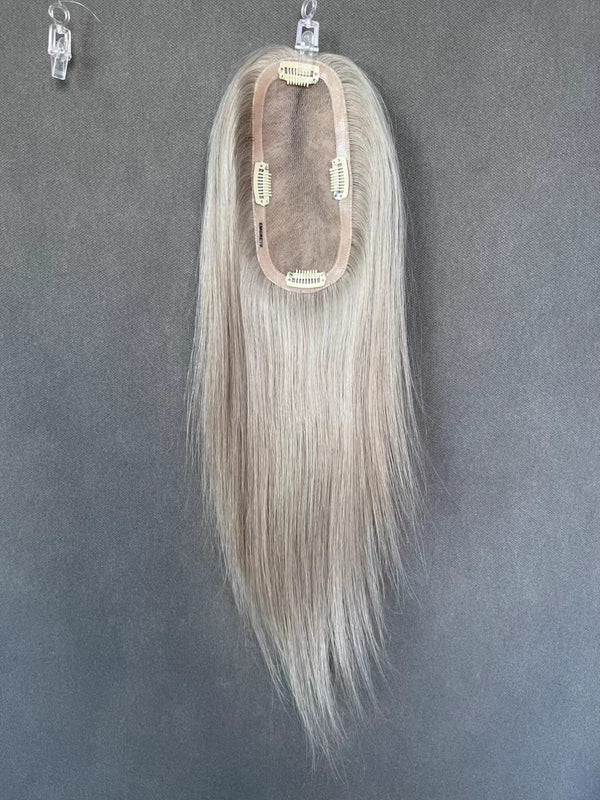 12-18inch Grey Full Mono 2.75" * 5.9" Mini Clip In Virgin Human Hair Topper
