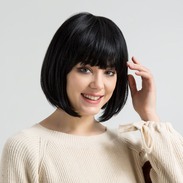 10inch Short Black Bob Middle Part With Bangs Breathable Cap Human Hair Wig