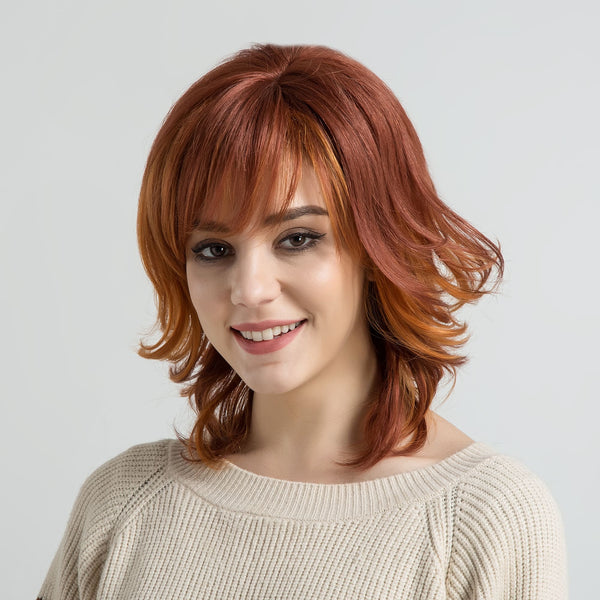 12inch Short Cut Ginger Orange Middle Part With Bangs Breathable Cap Human Hair Wig