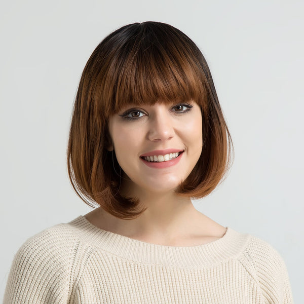10inch Short Auburn Bob Middle Part With Bangs Breathable Cap Human Hair Wig