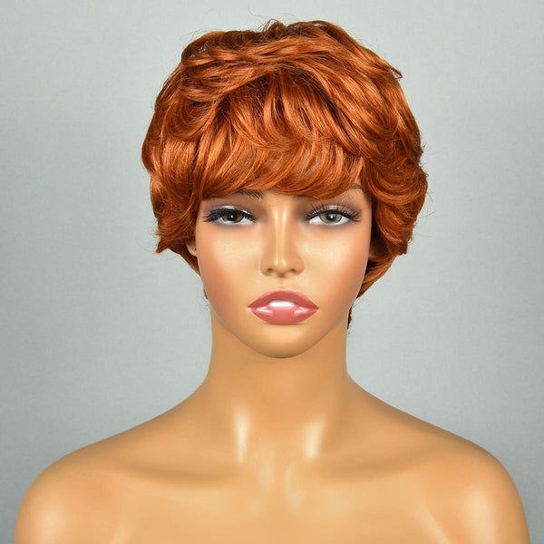 8inch Ginger Short Pixie Cut Layered Wave With Bangs Non Lace Human Hair Wig
