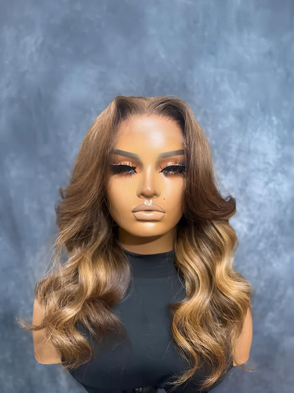 20-24inch Dark Brown with Honey Blonde Highlights Middle Part Wavy HD Lace Human Hair 6x5 Closure Wigs