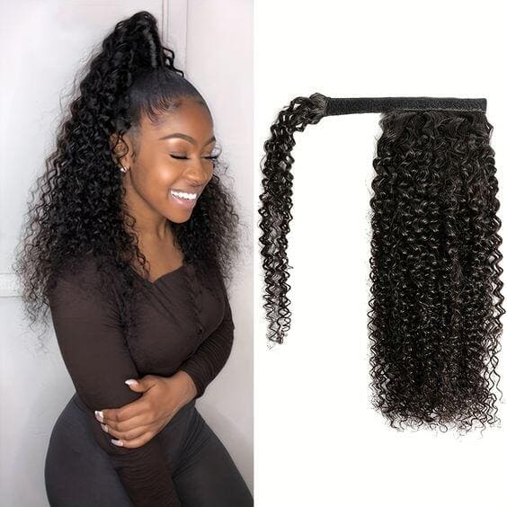 12-28inch Black Kinky Curly Wrap-around Clip On 100g Remy Human Hair Ponytail Extensions