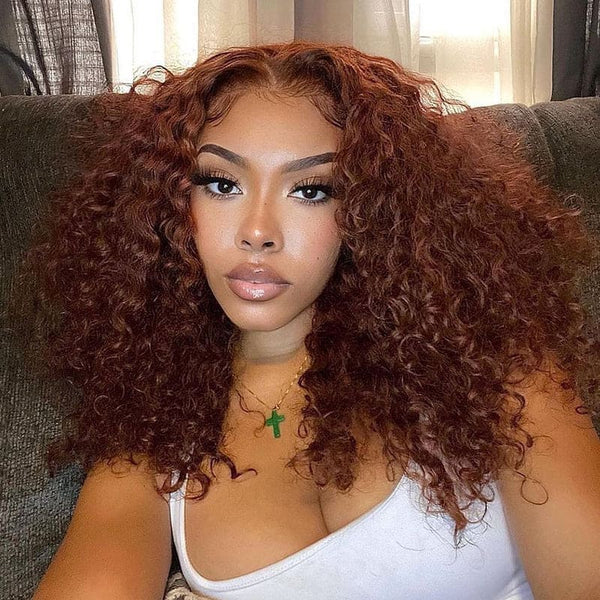 14-24inch Ginger Deep Wave Curly Glueless Pre Plucked 13*4 HD Lace Front Human Hair Wig