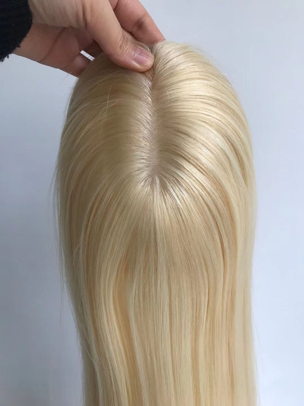 14-20 inch 613# Blonde Color Straight Skin Base Clip In Human Hair Topper
