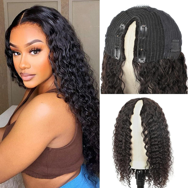 12-30inch Black Color Water Wave Glueless V Part Human Hair Wigs