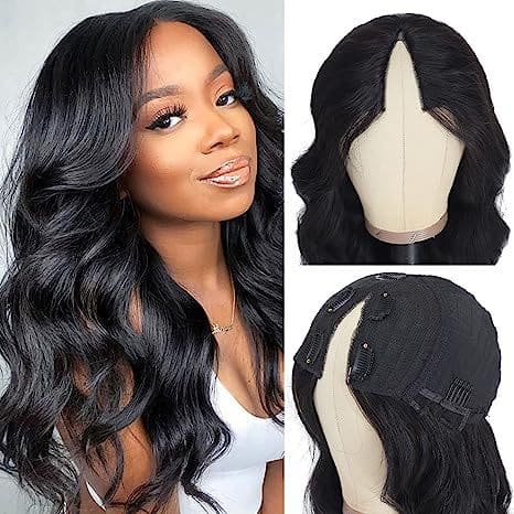 12-30inch Black Color Body Wave Glueless V Part Human Hair Wigs