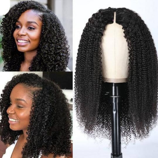 12-30inch Black Color Afro Kinky Curly Glueless V Part Human Hair Wigs
