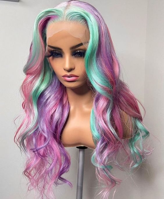 20-26inch Grey Mixed Pink Blue Rainbow Hair Color Wavy Lace Front Synthetic Wig