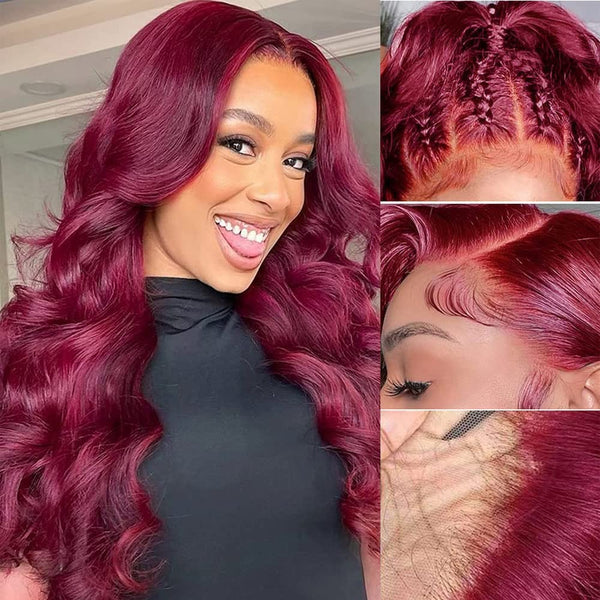 14-24inch 99J Burgundy Put On And Go Glueless Loose Wave Human Hair 5x5 HD Lace Closure Wigs