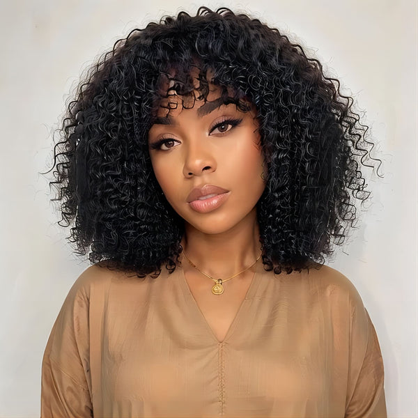 10-14inch Short Black Afro Curly Deep Wave With Bangs  Machine Made Human Hair Wig