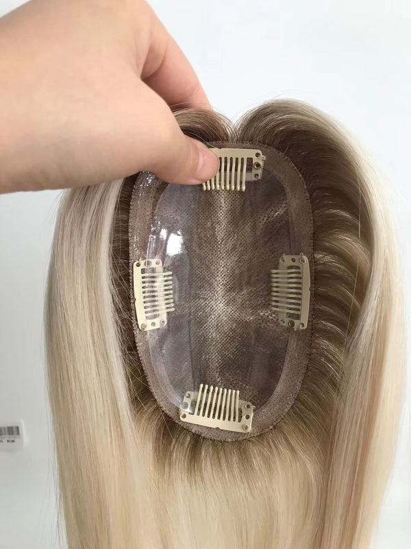 14-18inch Ombre | Blonde | Highlight Full Mono 5"*3" Mini Clip In Virgin Human Hair Topper