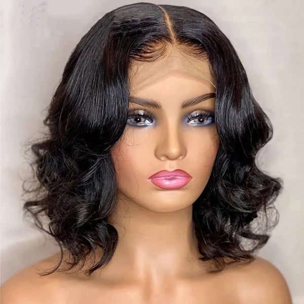 12inch Short Black Double Drawn Loose Baby Wave Glueless Human Hair 5x5 Closure Wigs