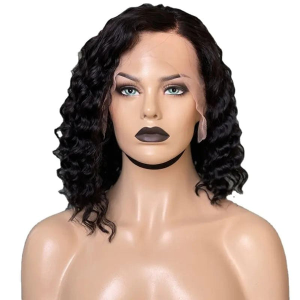 10-14inch Black Short Curly Deep Wave Glueless 13*4 Front Lace Human Hair Wigs