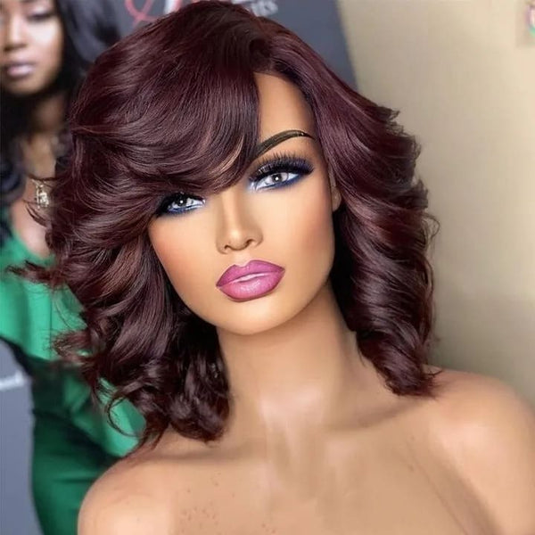 14inch Short Red 99J Color With Bang Double Drawn Loose Wave Glueless Human Hair 5x5 Closure Wigs