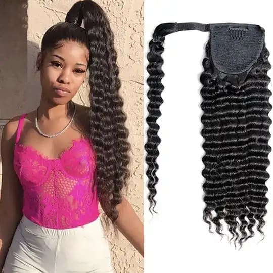 12-28inch Black Deep Wave Wrap-around Clip On Remy Human Hair Ponytail Extensions