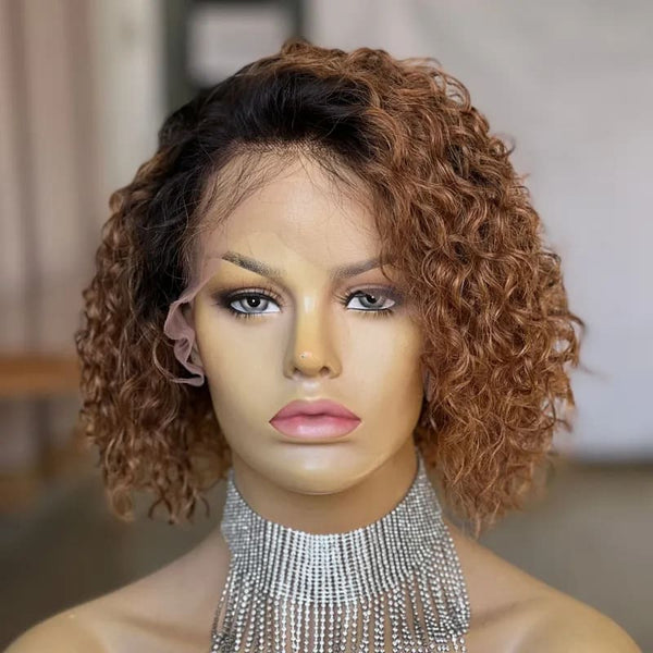10-14inch Short Honey Brown Ombre Curly Pre Pluck  13*4 Front HD Lace Human Hair Wigs