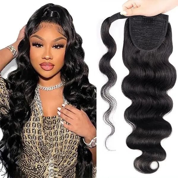 12-30 inch Black Body Wave Wrap-around Clip On 100g Remy Human Hair Ponytail Extensions