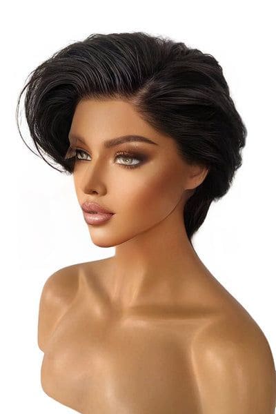 6-10inch Short Natural Side Part Striaght Black / Brown Highlight Glueless Pixie Cut T Part Lace Human Hair Wigs