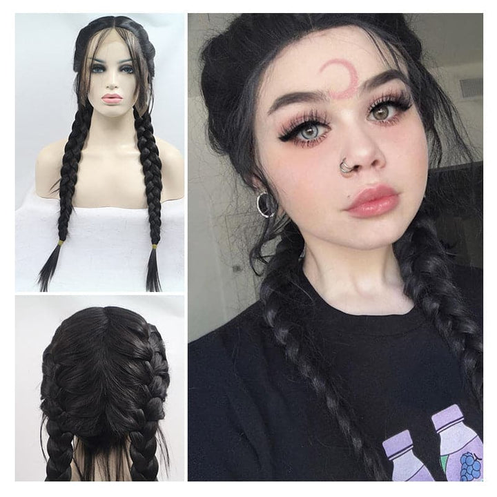 Black Dutch Braid Lace Front Synthetic Wig - ULOFEY 